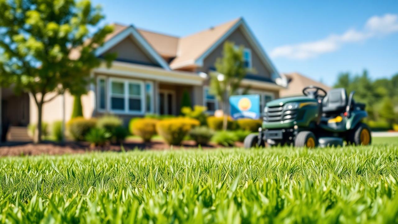 Beautiful manicured lawn with professional lawn mower